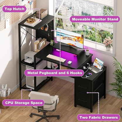 Small Gaming Desk with 2 Fabric Drawers - Reversible Computer Desk with Power Outlet & LED Lights, 49" Office Desk with Monitor Stand & Storage Shelves, Writing Study Table with Pegboard, Black