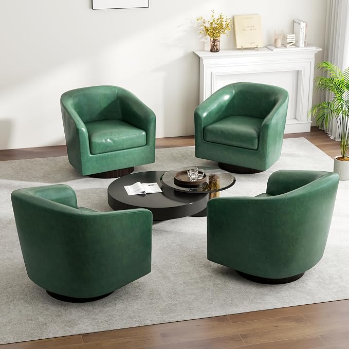 Swivel Barrel Accent Chair, Modern Round Faux Leather Arm Chair for Living Room, Bedroom, Comfy Club Reading Chairs for Adults(Faux Leather, Green, Set of 4)