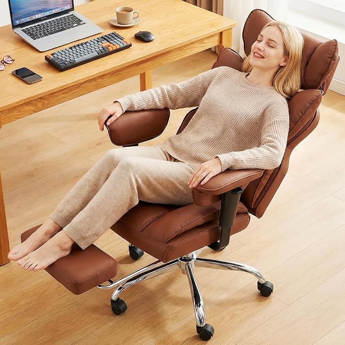 DUMOS Big and Tall Home Office Desk Chair, Ergonomic Executive Chair with Footrest, Computer Gaming Chairs with High Back Reclining, Adjustable Armrests and Comfy Lumbar Support, PU Leather, Brown
