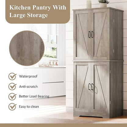 Vongrasig Kitchen Pantry Storage Cabinet with Barn Doors, Drawer and Adjustable Shelves, 6-Tier Tall Rustic Wood Cupboard Locker for Kitchen, Dining Room, Living Room, Bathroom, Rustic Grey