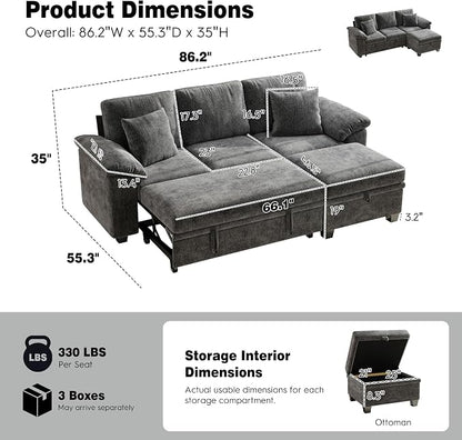 Ihanherry 86" Modular Sectional Sofa with Pull Out Bed, 4-Seater L Shaped Sectional Sleeper Couch with Storage Ottoman, Chenille Convertible Couches for Living Room, Apartment (Grey)