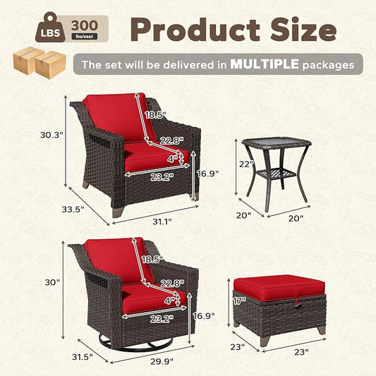 7 Pieces Patio Conversation Furniture Set - 2 Armchairs, 2 Ottomans, 2 Swivel Chairs, 1 Side Table, Outdoor Wicker Furniture with Removable Cushions for Porch, Balcony, Sunroom (Red)
