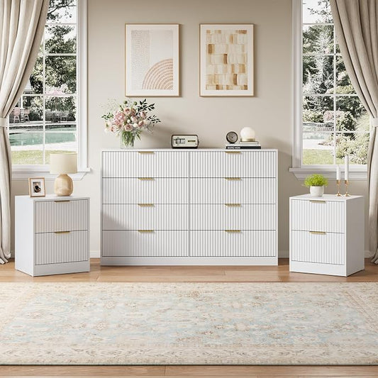 8 Drawer Dresser & Nightstand Set 3-Piece, 55” Wide Fluted Dresser and Night Stand Set of 2 with Metal Handle, Modern Wood Chest of Drawers Storage Dressers Set for Bedroom, White