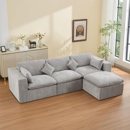 115''Cloud Boneless Sectional Couch, Modular Sectional Sofa Deep Seat with Ottoman, Oversized Upholstered Convertible Comfy 4 Seater Chenille Sofa L Shape Couches for Living Room, Light Grey