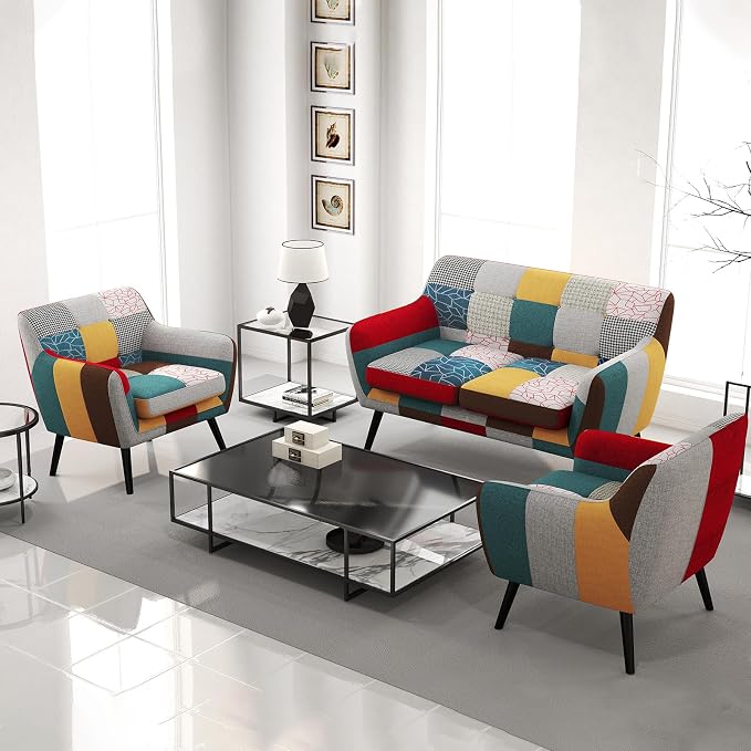 Bonzy Home Modern Colorful 4 Piece Coroful Fabric Sofa Set, Included 2 Accent Chairs and 2 Boho Loveseat Linen Patchwork Plaid Couches with Rubberwood Legs and Removable Upholstered for Living Room