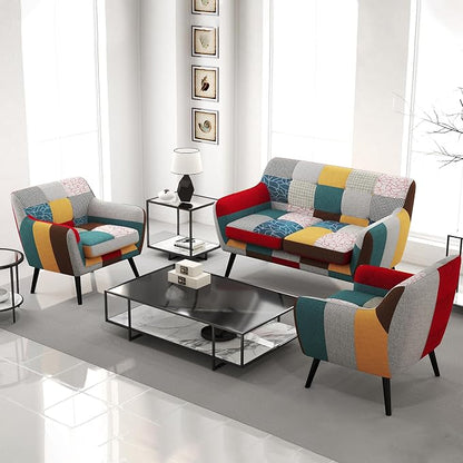 Bonzy Home Modern Colorful 4 Piece Coroful Fabric Sofa Set, Included 2 Accent Chairs and 2 Boho Loveseat Linen Patchwork Plaid Couches with Rubberwood Legs and Removable Upholstered for Living Room
