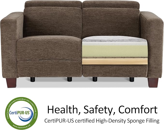MCombo 62.2'' Reclining Loveseat, Wall Hugger Power Loveseat Recliner Sofa with Adjustable Headrest, USB A & C Charge Ports, Wood Legs, for Living Room (Fabric HL198M1)(Coffee)