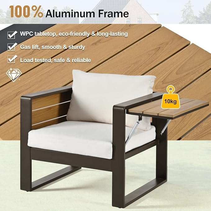 4-Piece Patio Conversation Set, Aluminum Frame Outdoor Patio Furniture Set w/ 3-Seater Sofa, 2 Armchairs with Fold-Out Side Tables, Coffee Table, All-Weather Sectional Sofa Set for Garden Backyard
