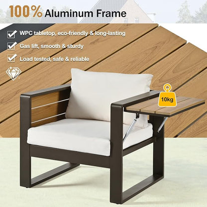 4-Piece Patio Conversation Set, Aluminum Frame Outdoor Patio Furniture Set w/ 3-Seater Sofa, 2 Armchairs with Fold-Out Side Tables, Coffee Table, All-Weather Sectional Sofa Set for Garden Backyard