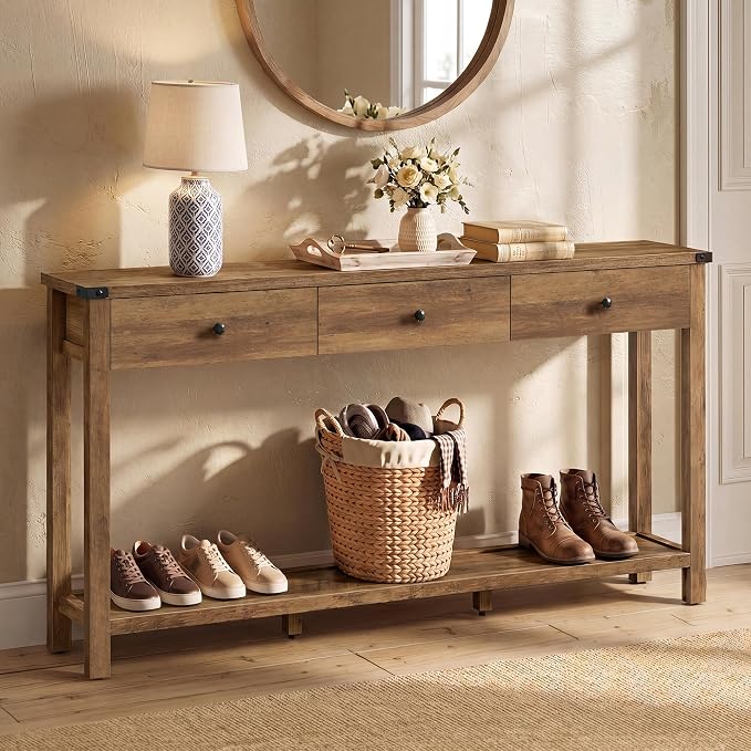 VASAGLE LIRY Collection Narrow Console Table with 3 Drawers and Storage Shelf, Long Sofa Table 9.4 x 63 x 29.9 Inch, Easy Assembly, for Entryway, Living Room, Farmhouse Style, Honey Brown ULNT148K101