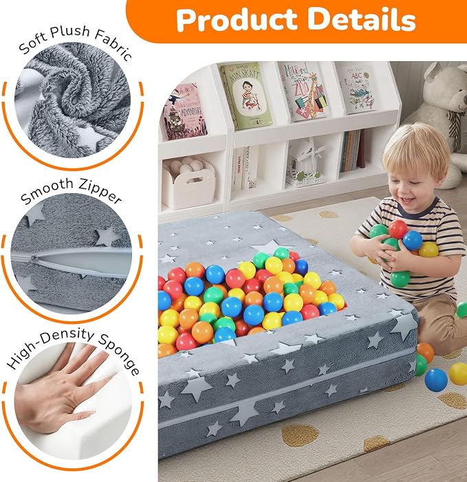 MeMoreCool Modular Kids Play Couch Sofa – Glow-in-the-Dark Star Design, Fold-Out Toddler Couch for Playroom Furniture, Grey