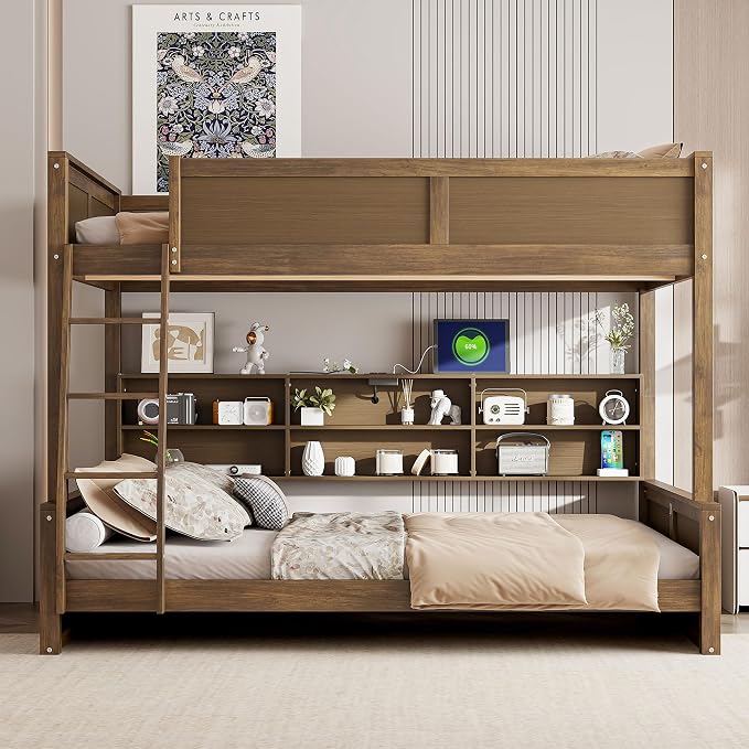 RUNNA Full XL Over Queen Bunk Bed with Storage,USB,Wood | Full XL over queen bunk bed with storage cabinets, USB, solid pine wood, guardrails, no box spring needed, natural wood