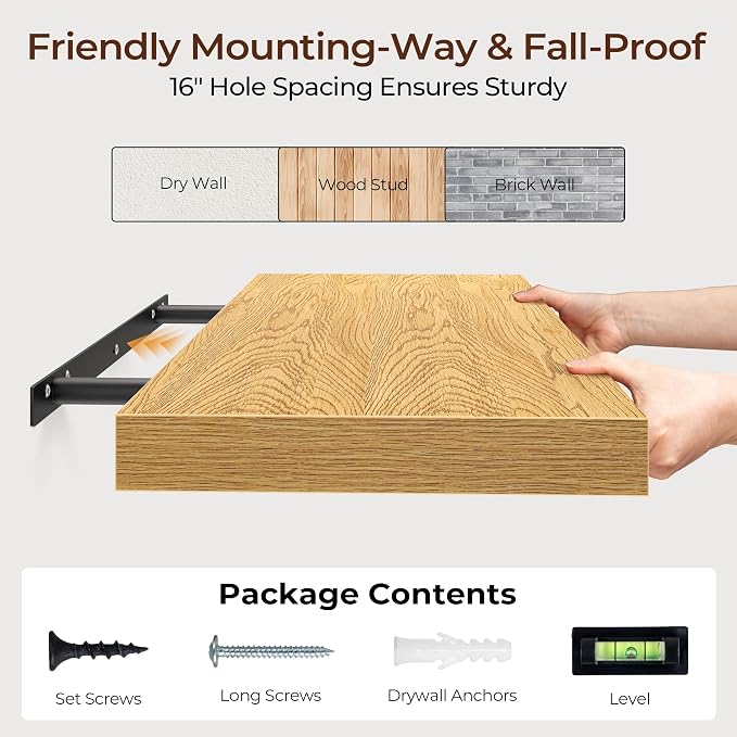 Fun Memories Floating Shelves for Wall 16 Inch Set of 3, Farmhouse Floating Shelves with Invisible Heavy Duty Bracket, 10 Inch Deep Bathroom Shelves for Storage, Living Room, Kitchen, Decor, Oak