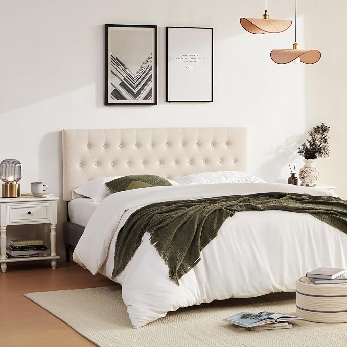 Tufted Upholstered Headboard King Size, Adjustable Height 37- 51 in, Beige | Sturdy and Durable Solid Wood Bed Headboard, Fabric King Headboard Only, Modern Button Diamond Design Head Board