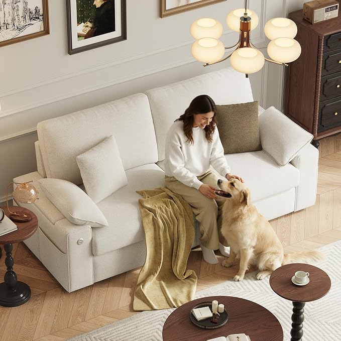 MALOL 76" Loveseat Couch, 3 Seater Upholstered Midcentury Mondern Love Seat with USB Type C Ports, 4 Pillows and Storage Armrest Cloud Foam Sofa for Living Room/Small Spaces, Beige | Breathable material