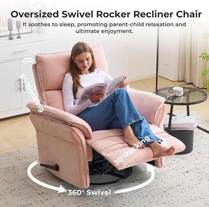Rocking Chair Nursery with Adjustable Headrest,Manual Swivel Rocker Recliner Nursery Chair with Overstuffed Armrest,Glider Rocker Recliner for Living Room & Bedroom,Pink