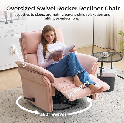 Rocking Chair Nursery with Adjustable Headrest,Manual Swivel Rocker Recliner Nursery Chair with Overstuffed Armrest,Glider Rocker Recliner for Living Room & Bedroom,Pink