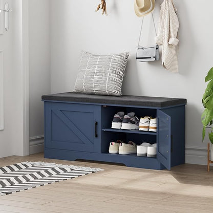 HOMSHO Farmhouse Shoe Storage Bench with 2 Barn Doors & Padded Seat Cushion | 39.4" Wide Entryway Bench with Adjustable Shelves & Hidden Storage, Blue