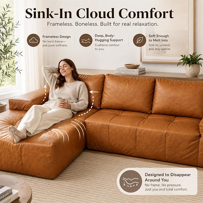 114” Boneless Sectional Couches for Living Room, Brown Cloud Faux Leather Couch in a Box, Modular Sectional Sofas for Living Room, L Shaped Couch with Chaise, Memory Foam Deep Seat, Left Chaise