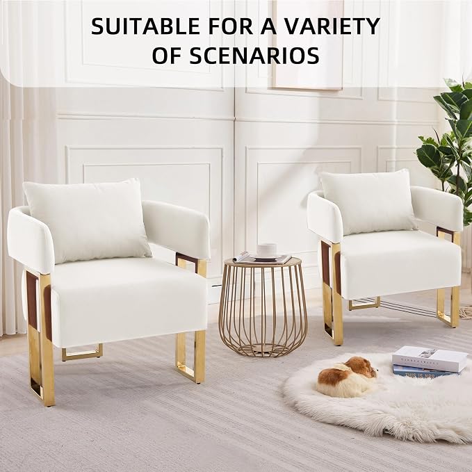 YISHENG Modern Barrel Accent Chairs Set of 2, Living Room Side Chairs with Golden Metal Legs Velvet Upholstered Reading Armchairs no Wheels for Vanity/Reception Room//Bedroom/Lounge/Office, White