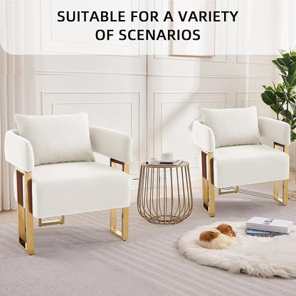 YISHENG Modern Barrel Accent Chairs Set of 2, Living Room Side Chairs with Golden Metal Legs Velvet Upholstered Reading Armchairs no Wheels for Vanity/Reception Room//Bedroom/Lounge/Office, White