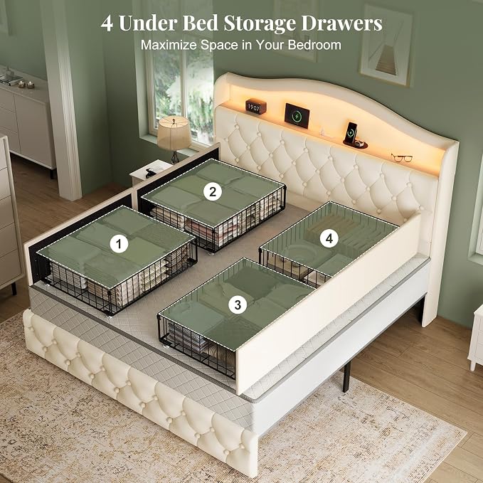 Queen Size Bed Frame and Headboard & 4 Storage Drawers, Upholstered Platform Bed Frame with RGB LED Lights & Charging Station, No Box Spring Needed, Easy Assembly, Noise-Free, Beige