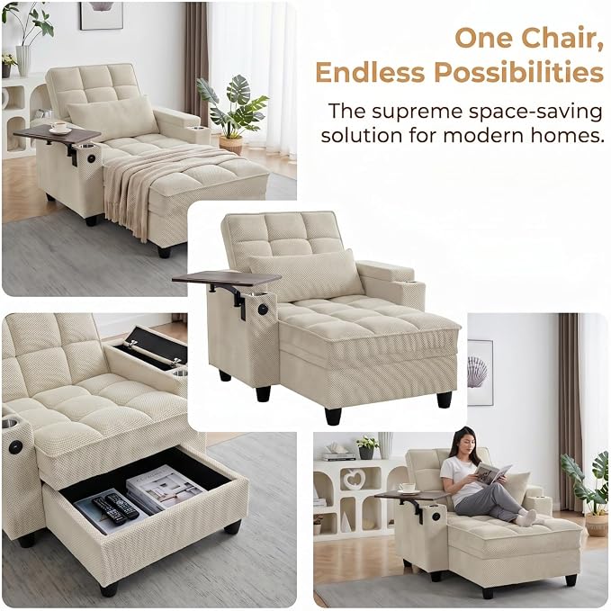 Convertible Sleeper Chair, Pull Out Sofa Bed with Adjustable Backrest & Hidden Storage Armrest, Single Sofa Recliner with USB Charging Port & Cup Holders for Living Room, Bedroom, Beige