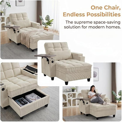 Convertible Sleeper Chair, Pull Out Sofa Bed with Adjustable Backrest & Hidden Storage Armrest, Single Sofa Recliner with USB Charging Port & Cup Holders for Living Room, Bedroom, Beige