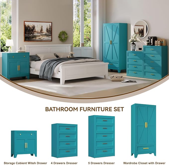 YAUWOH Farmhouse Wardrobe Cabinet with 2 Drawers,Metal Wardrobe Closet with Hanging Rod,Metal Armoire with Adjustable Shelves for Bedroom,Cloak Room,Office (Blue)