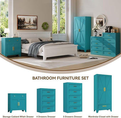 YAUWOH Farmhouse Wardrobe Cabinet with 2 Drawers,Metal Wardrobe Closet with Hanging Rod,Metal Armoire with Adjustable Shelves for Bedroom,Cloak Room,Office (Blue)