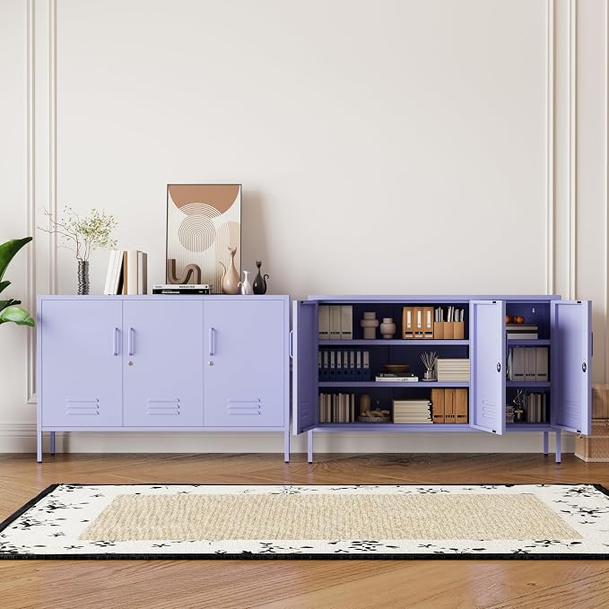 Purple Metal Storage Cabinet 3 Door Wide Metal Storage Cabinet 2 Layer Adjustable Shelves 32 "H Wide Steel Lockable Storage Cabinet Multipurpose Metal Accent Cabinet for Office/Home/Dining