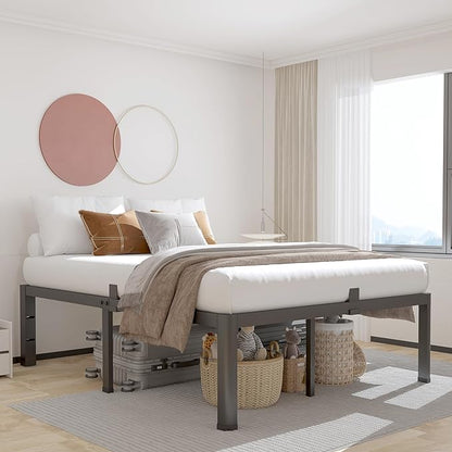 ROIL 20 Inch Queen Bed Frame with Rounded Corner and Headboard Hole Mattress Retainers 3500LBS Metal Heavy Duty Steel Slats No Box Spring Needed Platform Noise-Free Easy Assembly