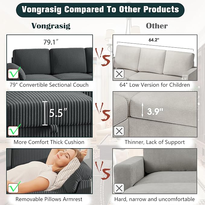 Vongrasig 79" Convertible Sectional Sofa Couch, 3 Seat L Shaped Sofa with Ottoman Corduroy Fabric Small Couch Mid Century for Living Room, Apartment and Office (Gray)
