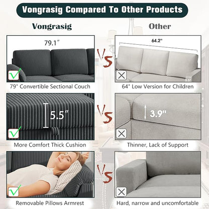 Vongrasig 79" Convertible Sectional Sofa Couch, 3 Seat L Shaped Sofa with Ottoman Corduroy Fabric Small Couch Mid Century for Living Room, Apartment and Office (Gray)