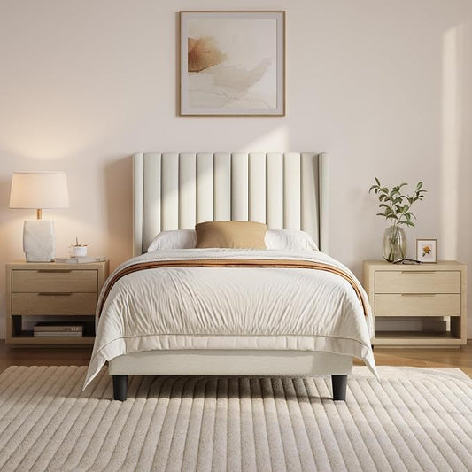 Yaheetech Twin Bed Frame Upholstered Platform Bed with Fabric Headboard, Wing Edge Design/Non-Slip and Noise-Free/Wooden Slats Support/No Box Spring Needed/Easy Assembly, Ivory Twin Bed