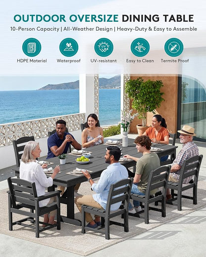 SERWALL 9 Piece 84" HDPE Outdoor Dining Set with 6 Armless Chairs, 2 Armchairs and Umbrella Hole for 8, Black