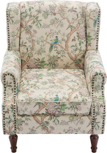 Pia Ricco Set of 2 Floral Accent Chairs, High Back Upholstered Armchairs with Retro Wingback Design, Nailhead Trim & Solid Wood Legs for Living Room Bedroom(Bird Pattern)