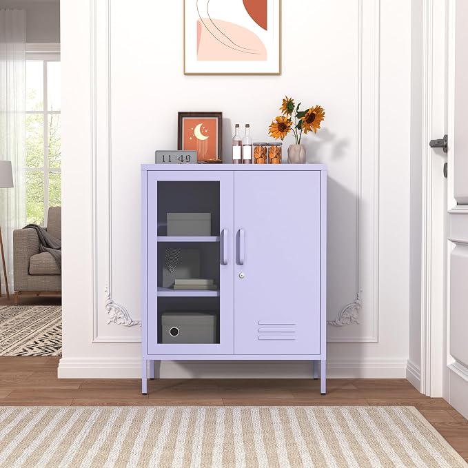 33" Tall Purple Metal Locker Storage Cabinet with Lock Left Glass Door and Right Metal Door 2 Adjustable Shelves Steel Storage Organizer for Foyer Living Room Size：33" H X 29.5" W X 13.8" D