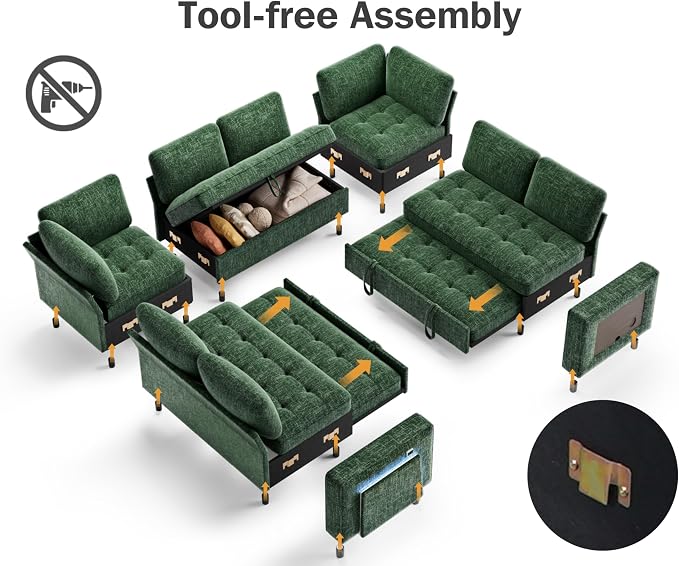 Vipbear 8 Seat U Shaped Modular Sectional Sleeper Sofa with Pull Out Bed/Reclining Backrest/USB Ports/Table/LED Light/Storage Seat, Sectional Sleeper Couch, Tool-Free Assembly, Chenille Green