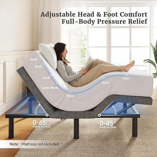 Tami Tami T450 Adjustable Bed Frame Twin XL Size with Remote & Nightlight - Syncable Electric Beds Bases with Head & Foot Incline, Zero Gravity, 3 Height-Adjustable Legs, Quiet Motor, Easy Assembly