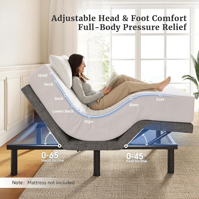Tami Tami T450 Adjustable Bed Frame Split King Size with Remote & Nightlight - Syncable Electric Beds Bases with Head & Foot Incline, Zero Gravity, 3 height-adjustable legs, Quiet Motor, Easy Assembly