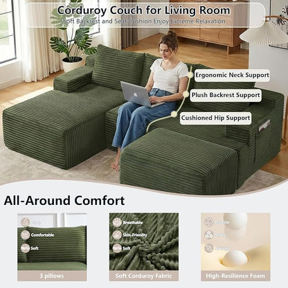 96" Cloud Sectional Couch U-Shaped Chaise with Ottoman, Corduroy Boneless Couch for Living Room Bedroom, Deep-Seat Upholstered Modular Cloud Sofa, No Assembly Required (Green, Left Facing Chaise)