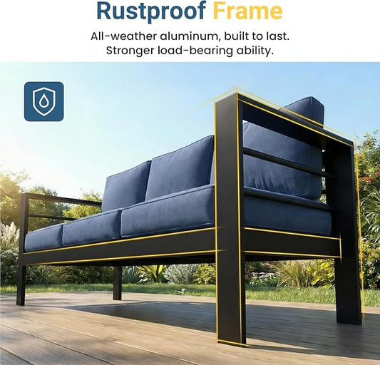 Wisteria Lane Aluminum Outdoor Sofa, 2 Pieces Patio Couch All-Weather Rust-Proof Modern Metal Patio Furniture with 5" Thick Olefin Cushions, Light Grey