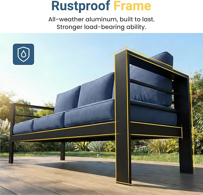 Wisteria Lane Aluminum Outdoor Sofa, 3 Pieces Patio Couch All-Weather Rust-Proof Modern Metal Patio Furniture with 5" Thick Olefin Cushions, Light Grey