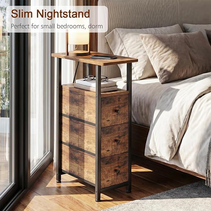 LOAKEKEL Narrow End Tables Living Room Set of 2 with Charging Station, Skinny Side Table with Fabric Drawers, Slim Nightstand for Bedroom, Small Spaces, Couch, Rustic Brown, HETNDP03PBR