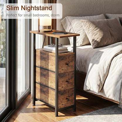 LOAKEKEL Narrow End Tables Living Room Set of 2 with Charging Station, Skinny Side Table with Fabric Drawers, Slim Nightstand for Bedroom, Small Spaces, Couch, Rustic Brown, HETNDP03PBR