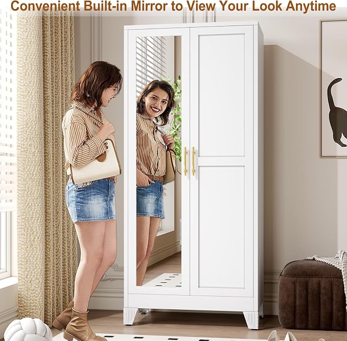 Metal Armoire Wardrobe Closet Storage Cabinet with Mirror White, 71'' Wardrobe Cabinet with Hanging Rod Metal Closet with 2 Adjustable Shelves for Bedroom, Laundry Room, Cloak Room