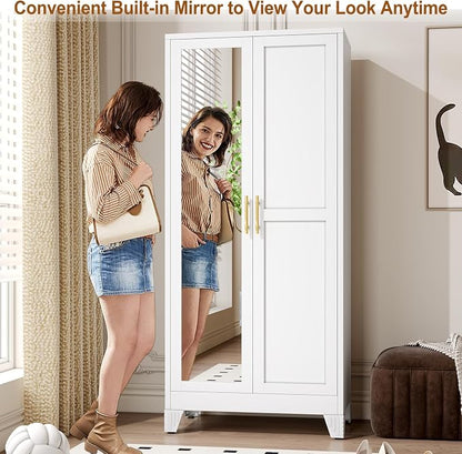 Metal Armoire Wardrobe Closet Storage Cabinet with Mirror White, 71'' Wardrobe Cabinet with Hanging Rod Metal Closet with 2 Adjustable Shelves for Bedroom, Laundry Room, Cloak Room