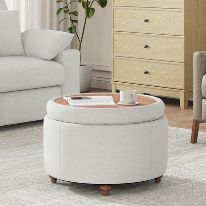 25Inch Round Ottoman with Storage, Tufted Fabric Modern Circle Ottoman with Reversible Tray Lid and Wood Legs, Multi-Functional Small Coffee Table for Living Room, Bedroom, Beige