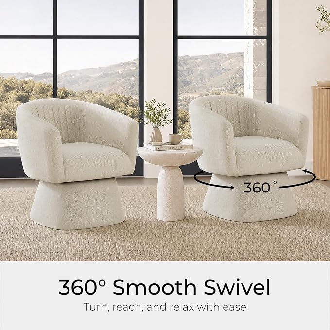 Zerel's Home Swivel Accent Chair with Ottoman, Upholstered Barrel Accent Chair, Modern Accent Chair with Pleated Backrest and Arms, Boucle Armchair for Living Room Bedroom, Set of 2, Sand